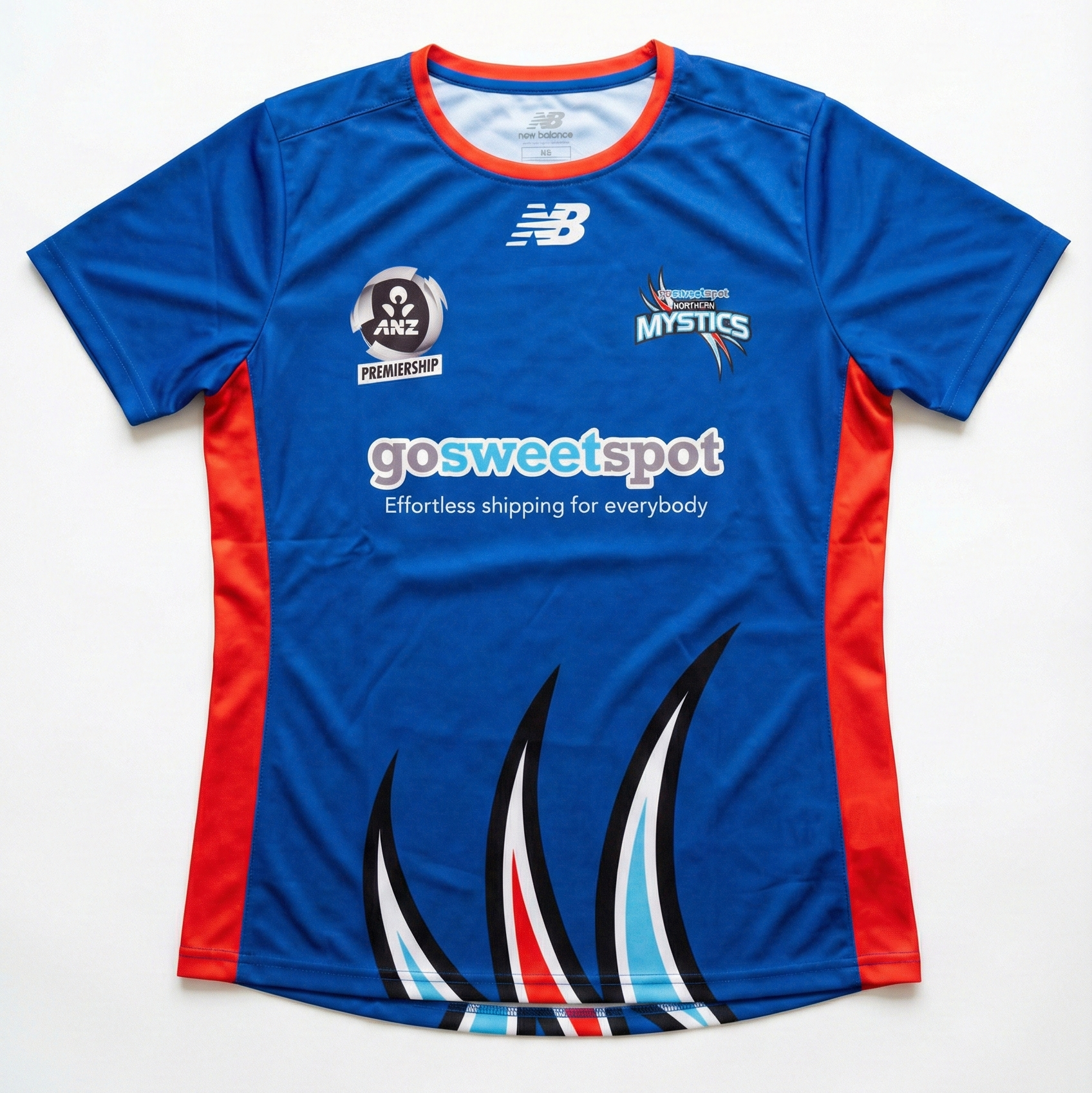 Blue sports jersey with red accents on a white background