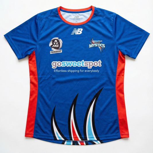 Blue sports jersey with red accents on a white background